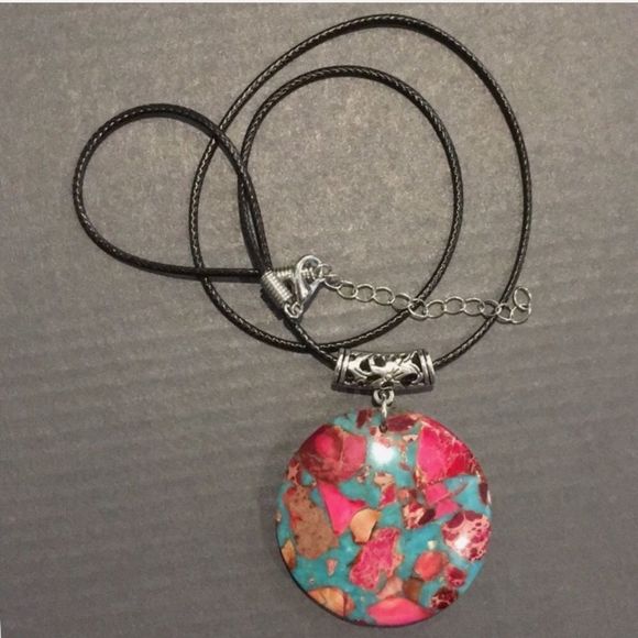 Blue Turquoise Agate Pyrite Pendant on Waxed Necklace w/ Lobster Claw Clasp - Picture 2 of 4